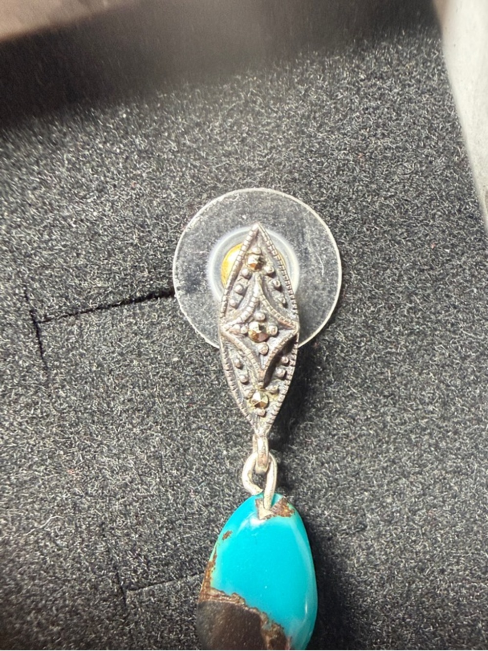 Gorgeous Native American Navajo Turquoise Marcasite Sterling 925 Drop Earrings - Picture 12 of 16
